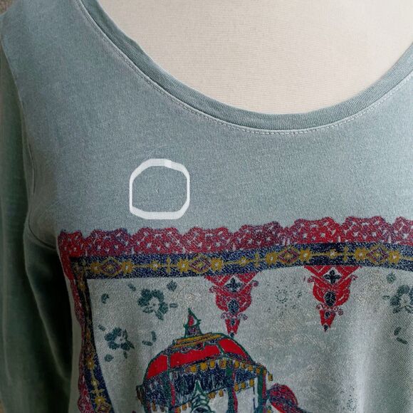 Lucky Brand Top S Elephant Ride Boho Graphic Print Pullover 3/4 Sleeve Knit Tee - Picture 4 of 9